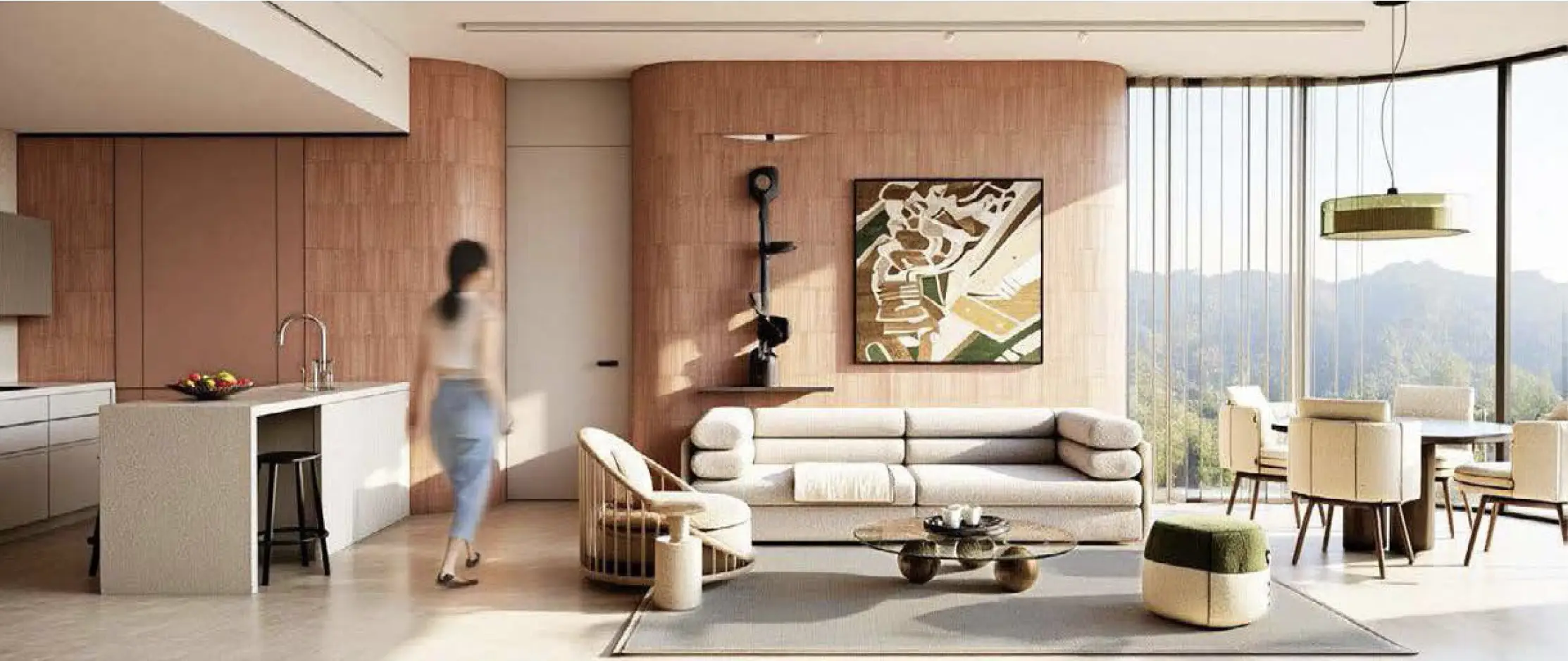 Apartment living space with floor-to-ceiling windows