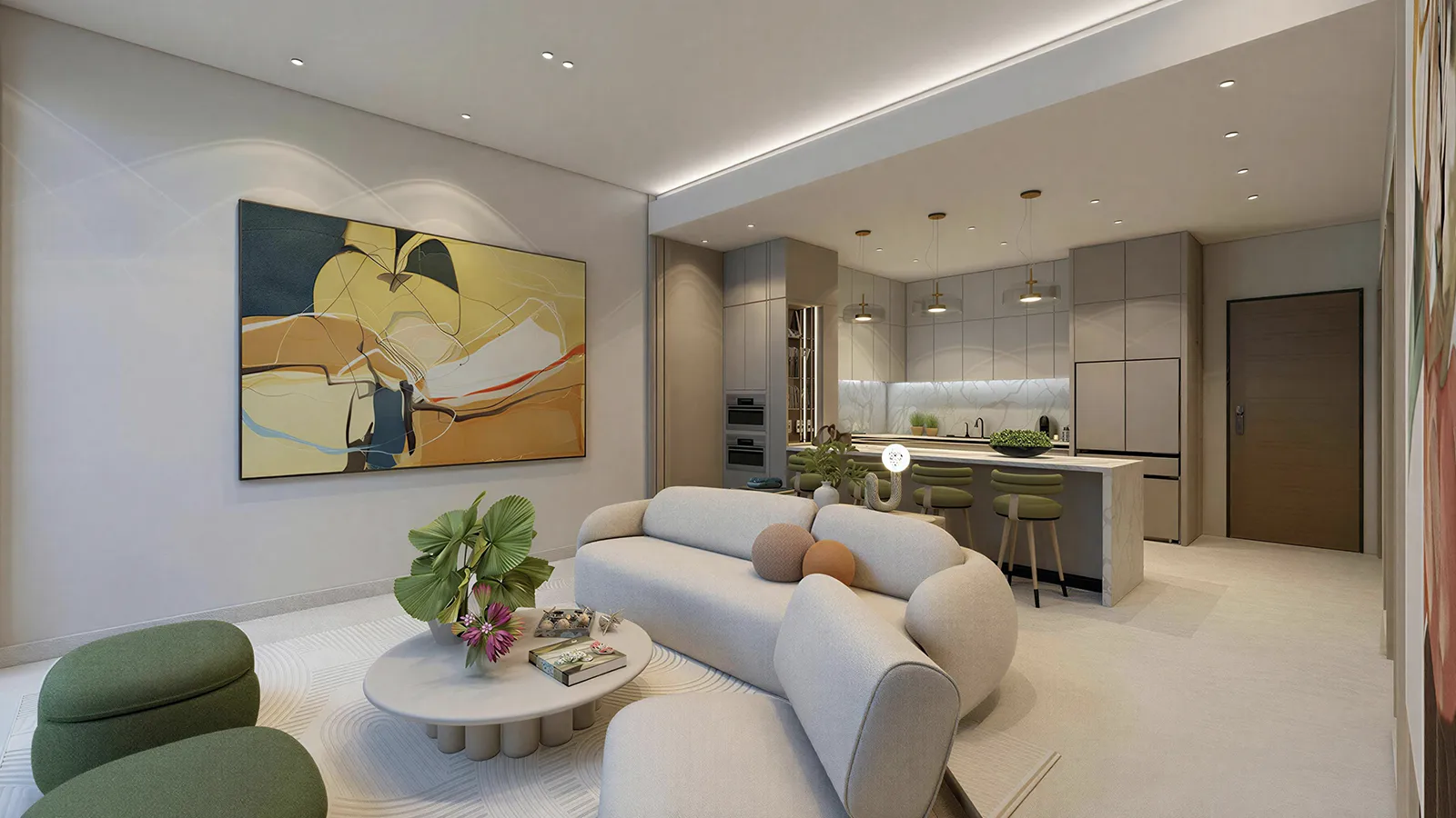 Forest Brook Reserve — contemporary living and kitchen with abstract artwork
