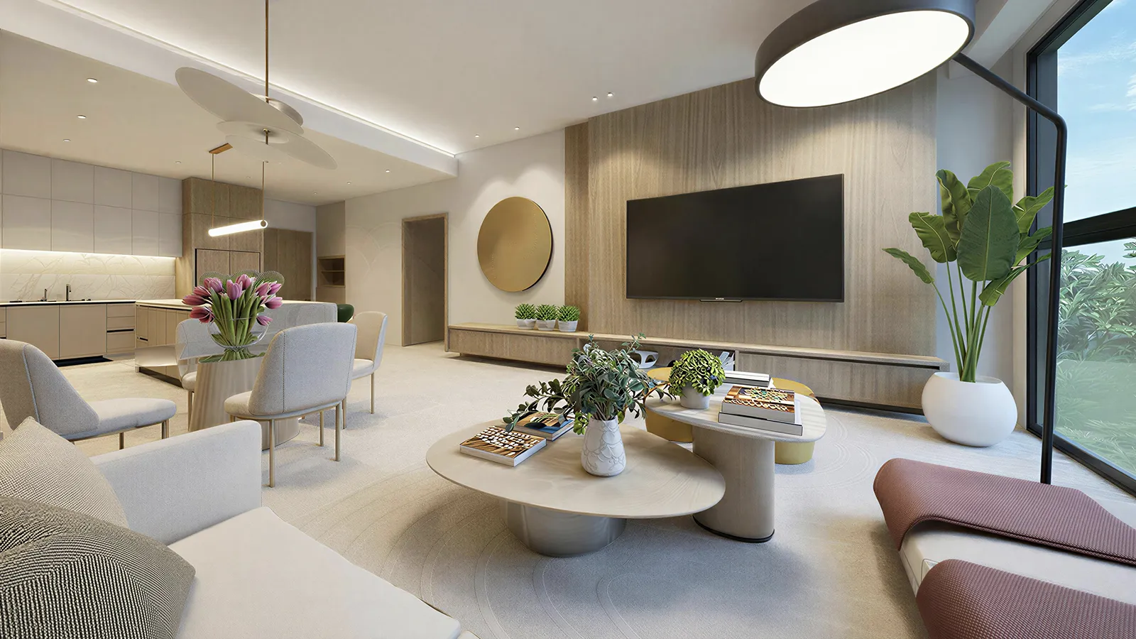 Forest Brook Reserve — spacious living area with integrated dining and media wall
