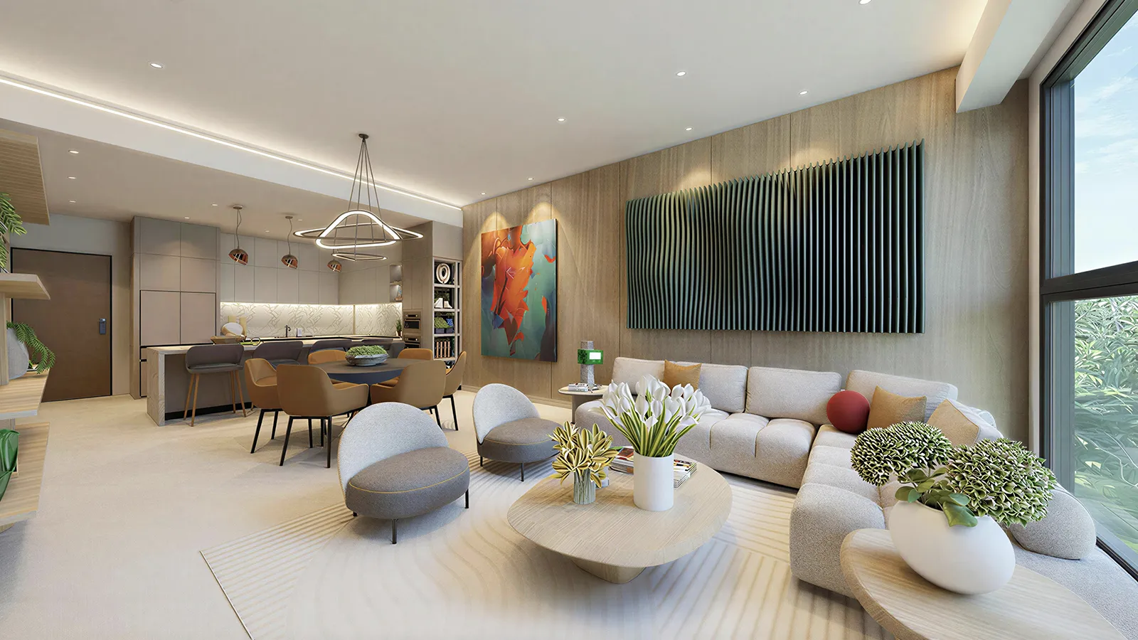 Forest Brook Reserve — refined living and dining space with sculptural accents