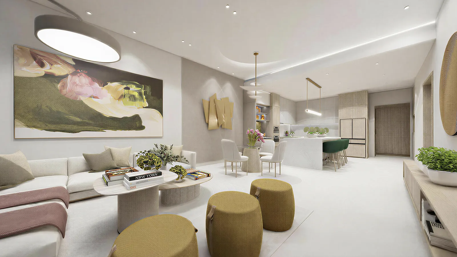 Forest Brook Reserve — bright open-plan living and kitchen with statement art