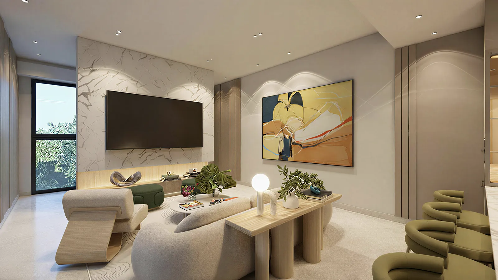 Forest Brook Reserve — intimate lounge with media wall and curated furnishings