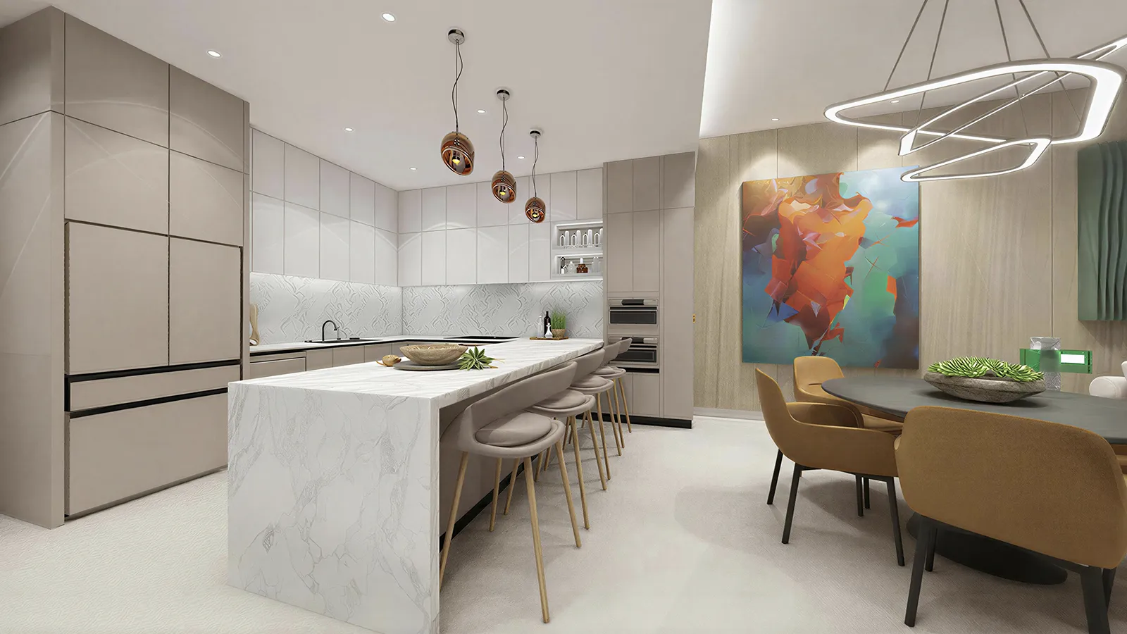 Forest Brook Reserve — gourmet kitchen with marble island and dining area