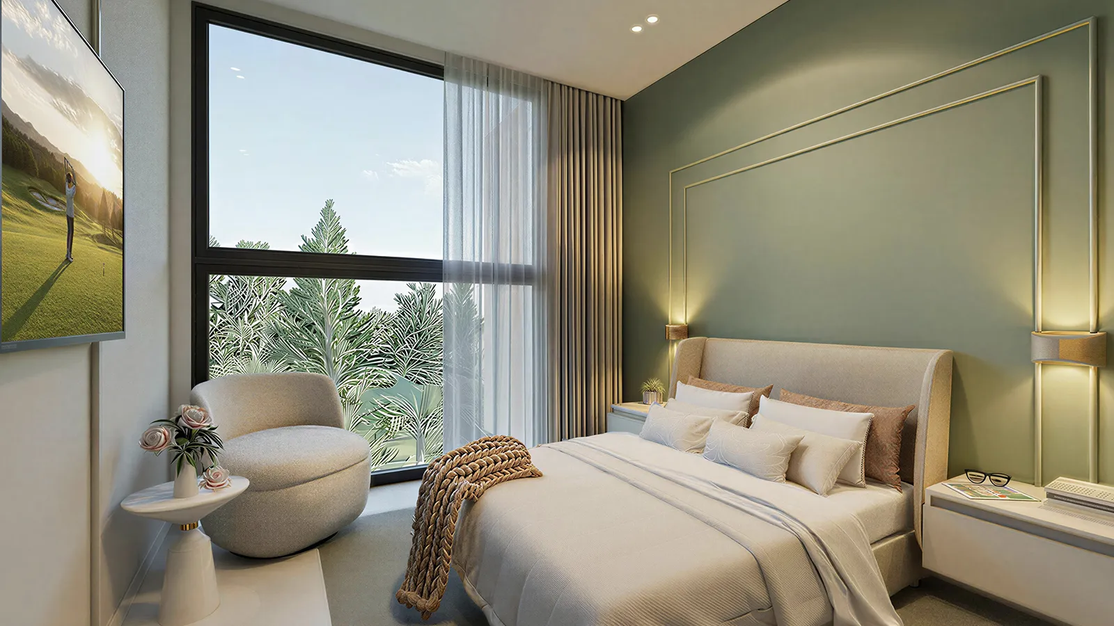 Forest Brook Reserve — serene bedroom with sage accent wall and forest view