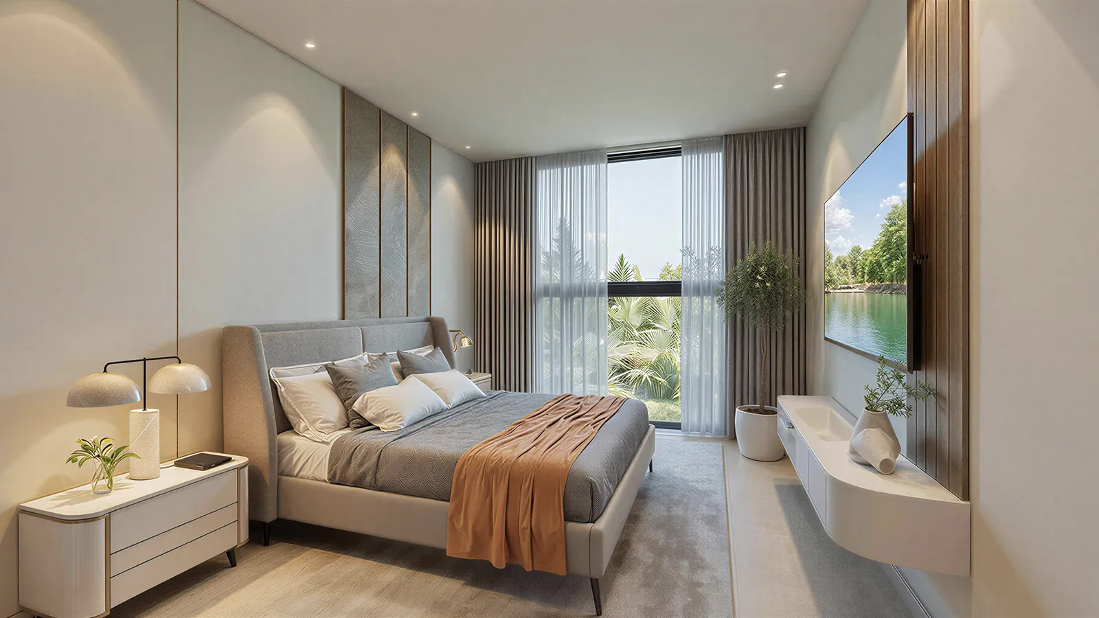 Forest Brook Reserve — contemporary bedroom with floor-to-ceiling windows