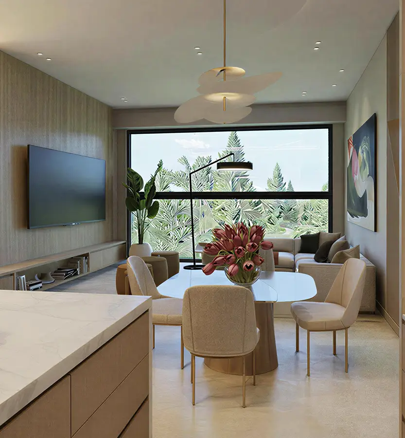 Lucero Homes Boquete Panamá — interior moderno de condominio con vista tropical
